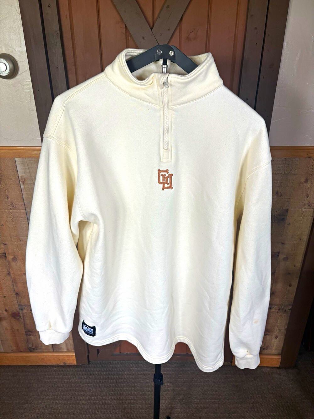 Crowns Men's Cream 1/4 Zip Mock Neck Fleece Embroidered Logo Sweatshirt L
